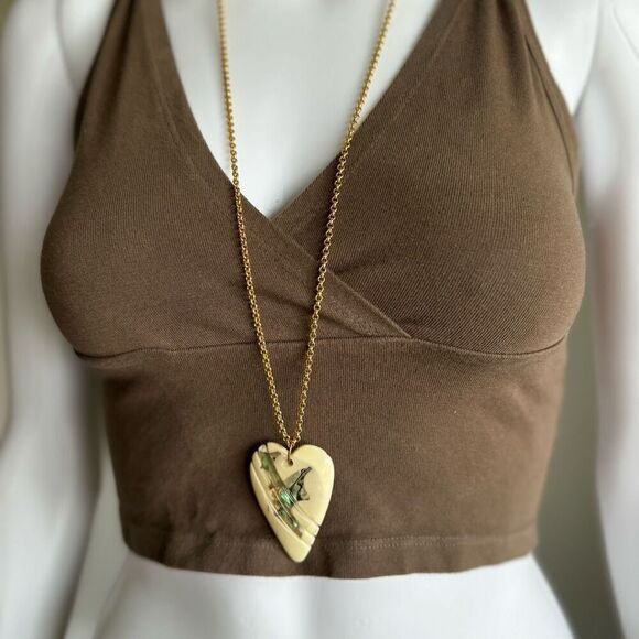 Vintage Abalone Inlay Shell Heart Lucite Necklace On Gold Tone Chain - Picture 4 of 8